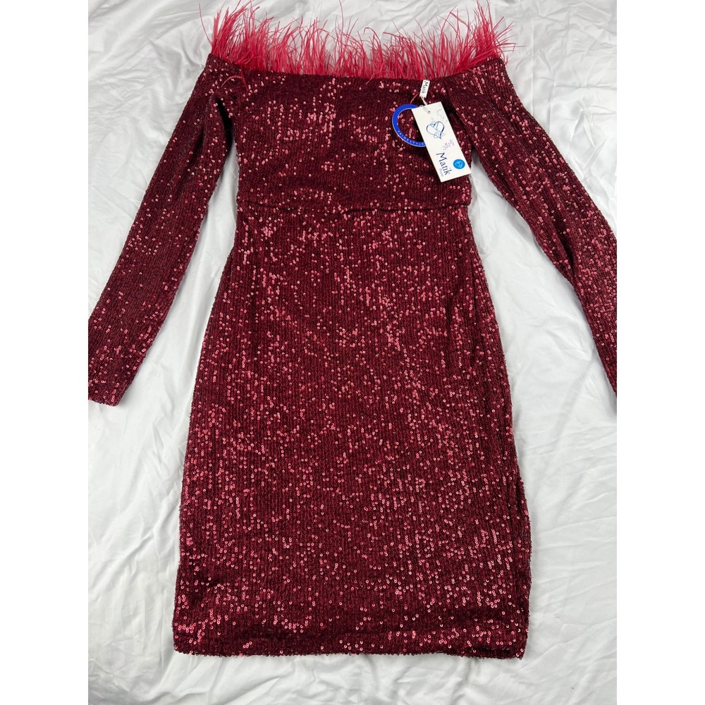 Mantik Prime Burgundy Sequin Feather Off Shoulder Long Sleeve Bodycon Dress M‎